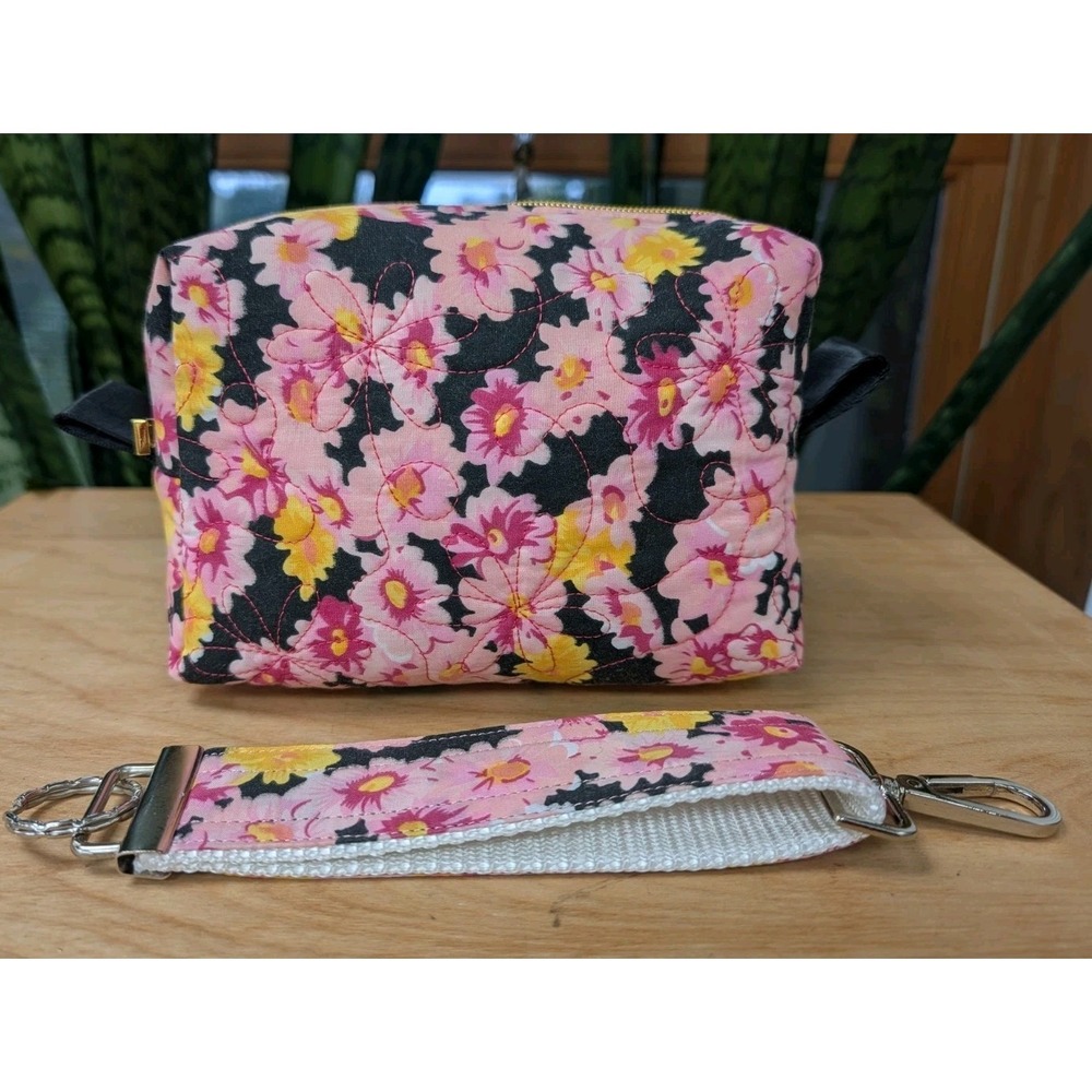 Embroidered MAKEUP Cosmetic Toiletries Pink Daffodils + Matching Key Fob SET